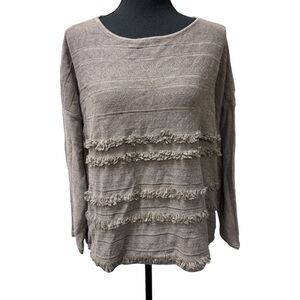 J Jill Brown Textured Fringe Sweater Boho Layered Knit Cozy Fall Top Large
